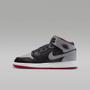 Nike Air Jordan 1 Mid Skor Barn Grå Svarta Röda | 781-RPBOHS